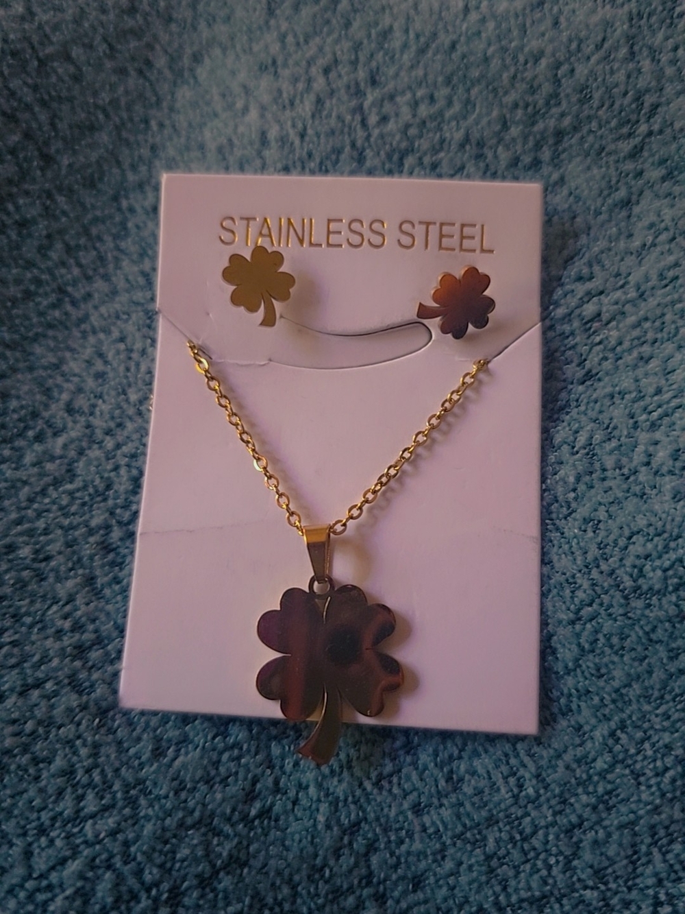 Gold Stainless Steel Four-Leaf Clover Necklace and Earring Set